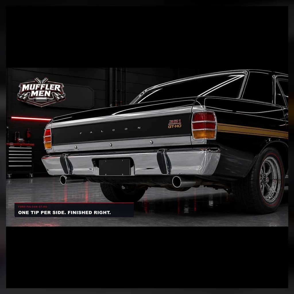 Ford Falcon GT-HO muffler tip detail for Oak Flats Muffler Men exhaust advice